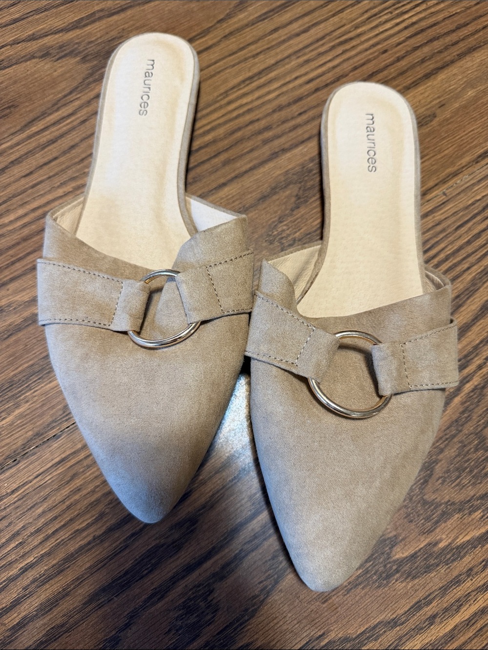 Maurices Taupe Suede-Look Pointed Slip-On Mules with Silver Ring